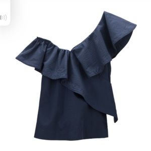 Cuyana Seersucker Flounce Top Blouse